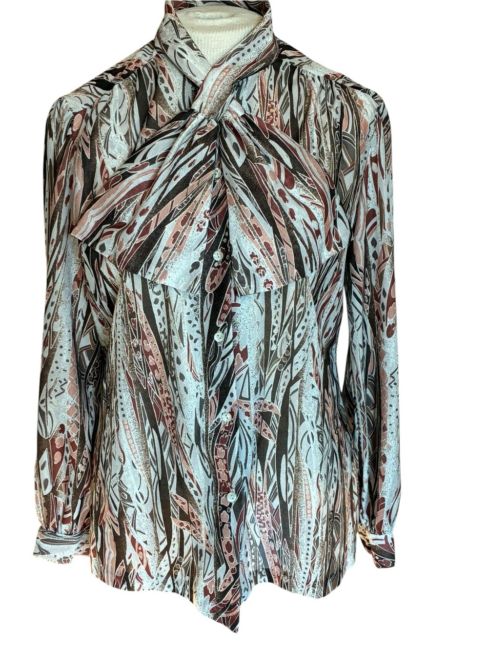 Vintage Long-Sleeve Tie-Neck Blouse - Brown, Cream, Rust